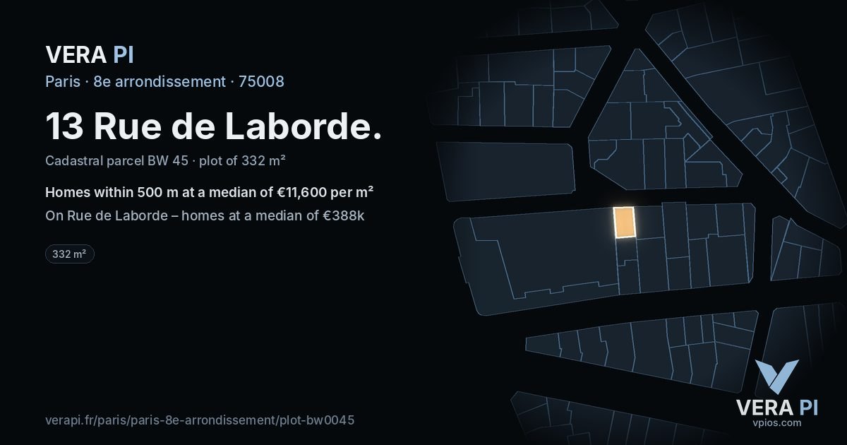 13 Rue de Laborde, 8e arrondissement at night – the plot lit, the parcels around coloured by the prices near them