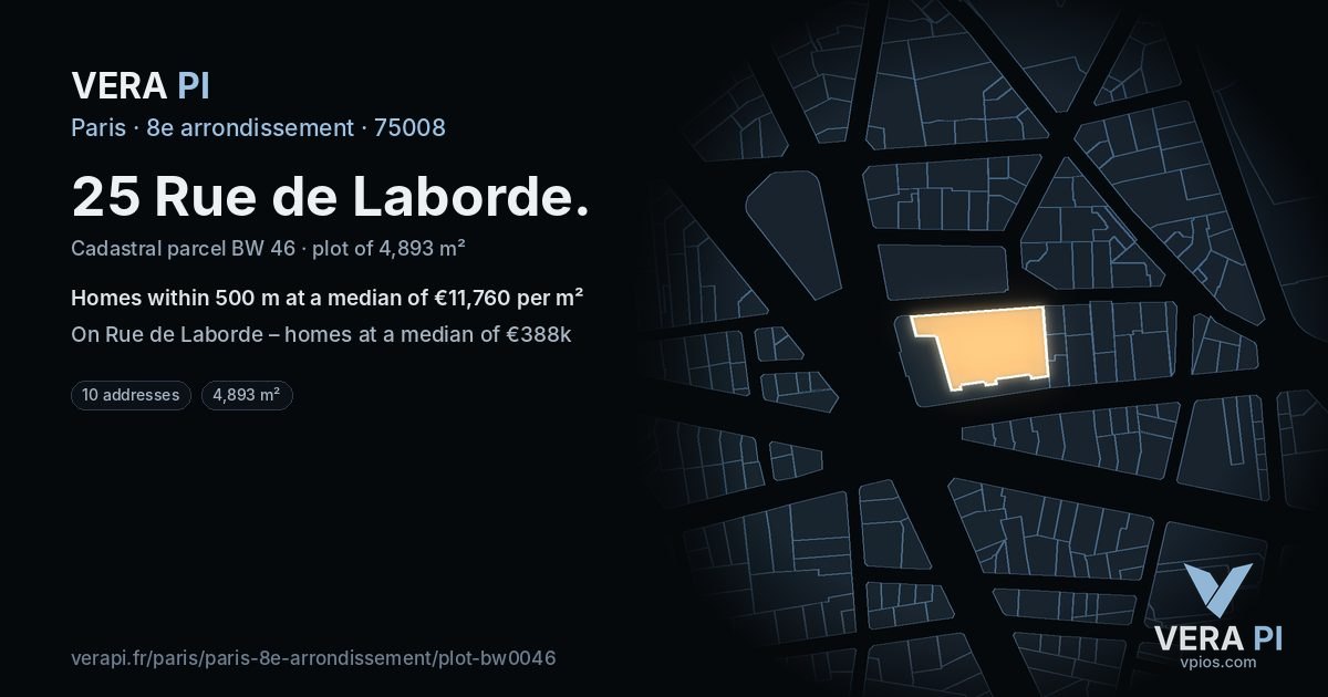 25 Rue de Laborde, 8e arrondissement at night – the plot lit, the parcels around coloured by the prices near them