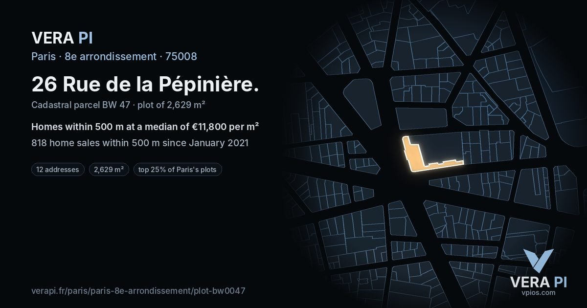 26 Rue de la Pépinière, 8e arrondissement at night – the plot lit, the parcels around coloured by the prices near them