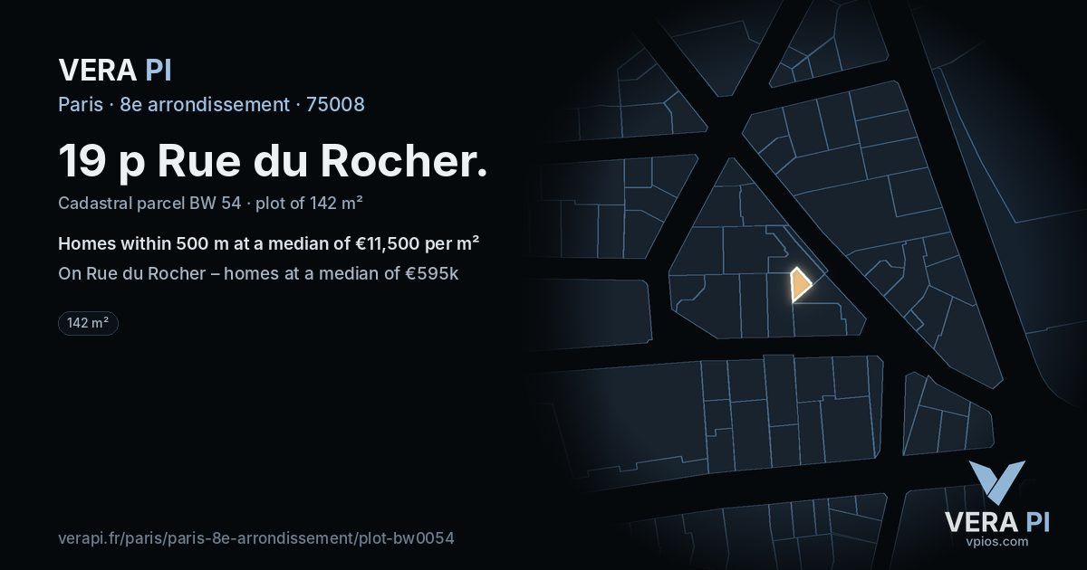 19 p Rue du Rocher, 8e arrondissement at night – the plot lit, the parcels around coloured by the prices near them