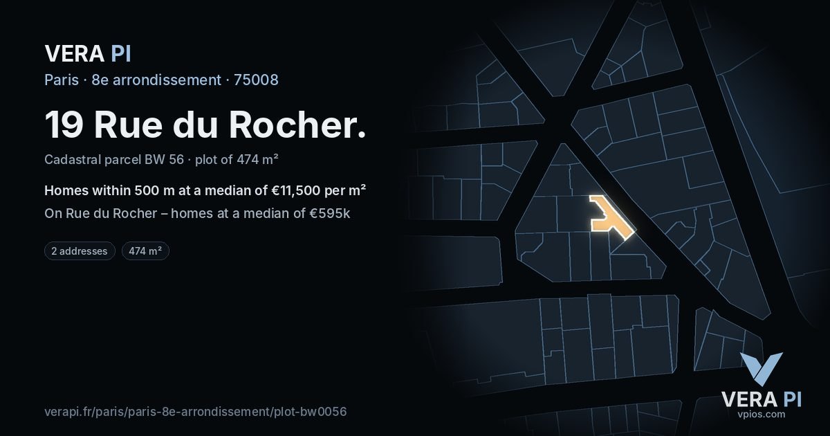 19 Rue du Rocher, 8e arrondissement at night – the plot lit, the parcels around coloured by the prices near them
