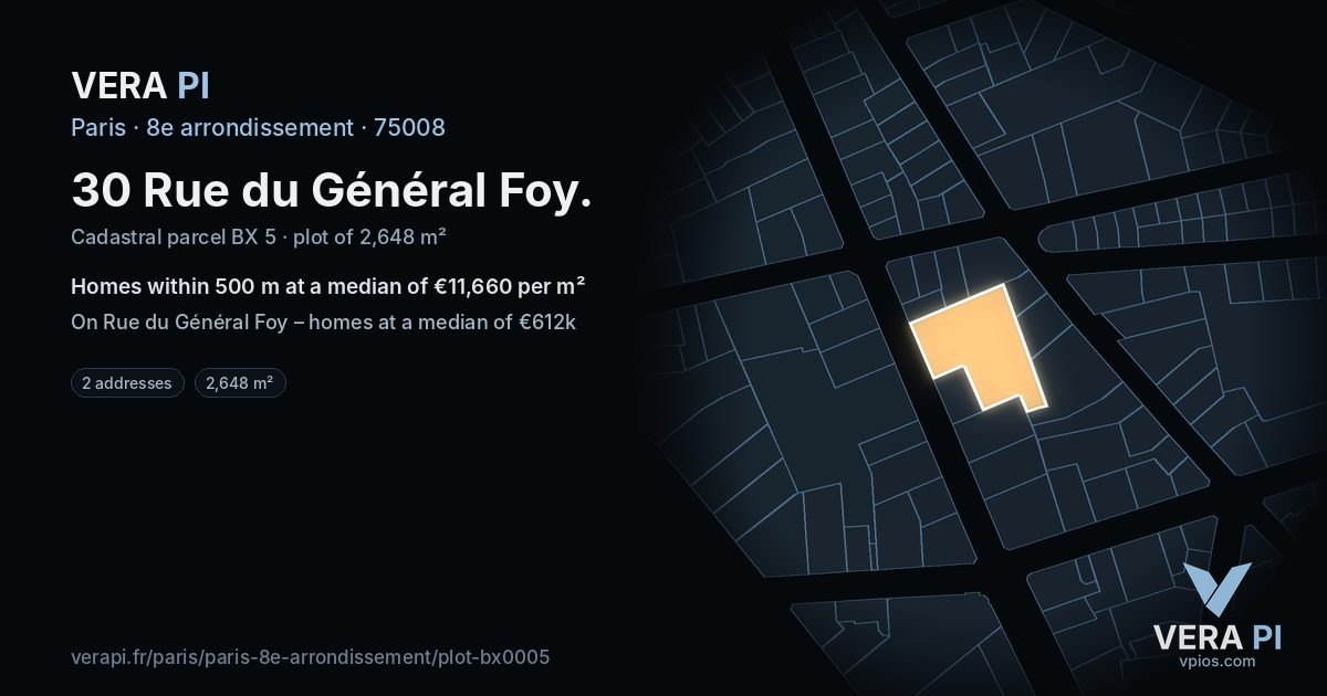 30 Rue du Général Foy, 8e arrondissement at night – the plot lit, the parcels around coloured by the prices near them