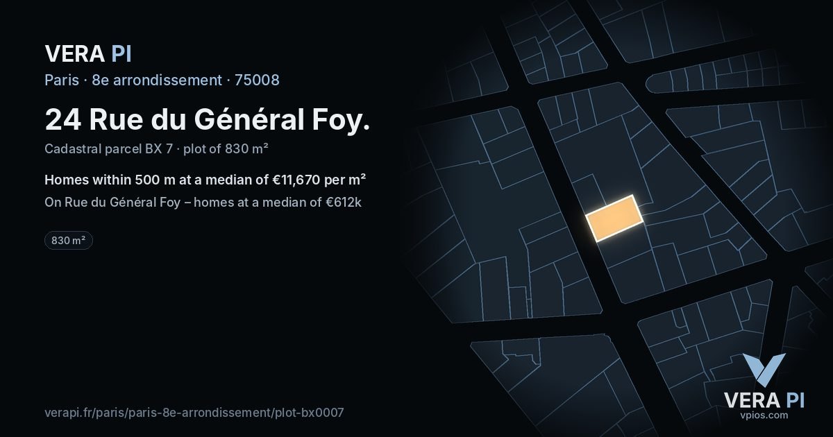 24 Rue du Général Foy, 8e arrondissement at night – the plot lit, the parcels around coloured by the prices near them