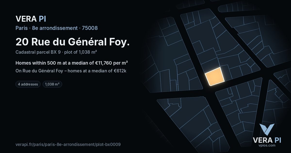 20 Rue du Général Foy, 8e arrondissement at night – the plot lit, the parcels around coloured by the prices near them