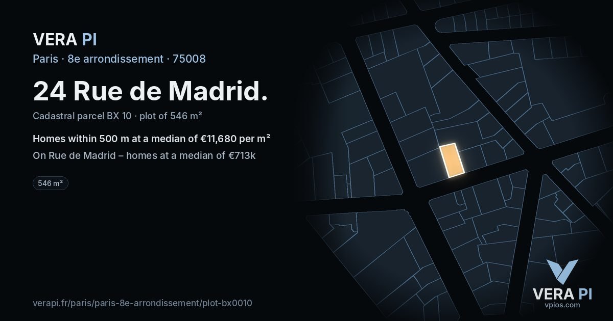 24 Rue de Madrid, 8e arrondissement at night – the plot lit, the parcels around coloured by the prices near them