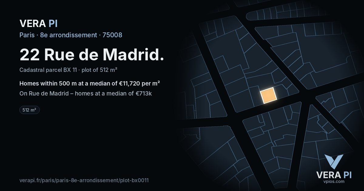 22 Rue de Madrid, 8e arrondissement at night – the plot lit, the parcels around coloured by the prices near them