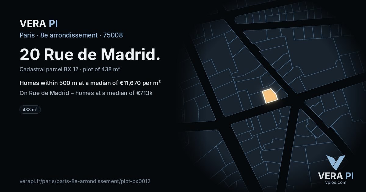 20 Rue de Madrid, 8e arrondissement at night – the plot lit, the parcels around coloured by the prices near them