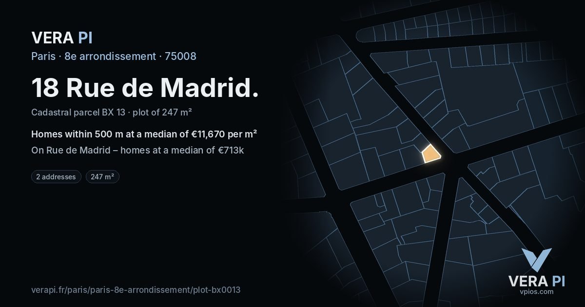 18 Rue de Madrid, 8e arrondissement at night – the plot lit, the parcels around coloured by the prices near them