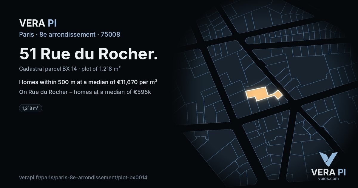 51 Rue du Rocher, 8e arrondissement at night – the plot lit, the parcels around coloured by the prices near them