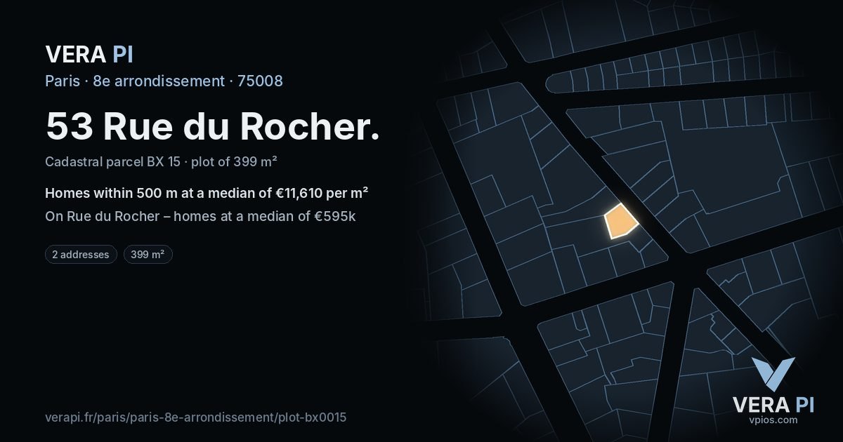 53 Rue du Rocher, 8e arrondissement at night – the plot lit, the parcels around coloured by the prices near them