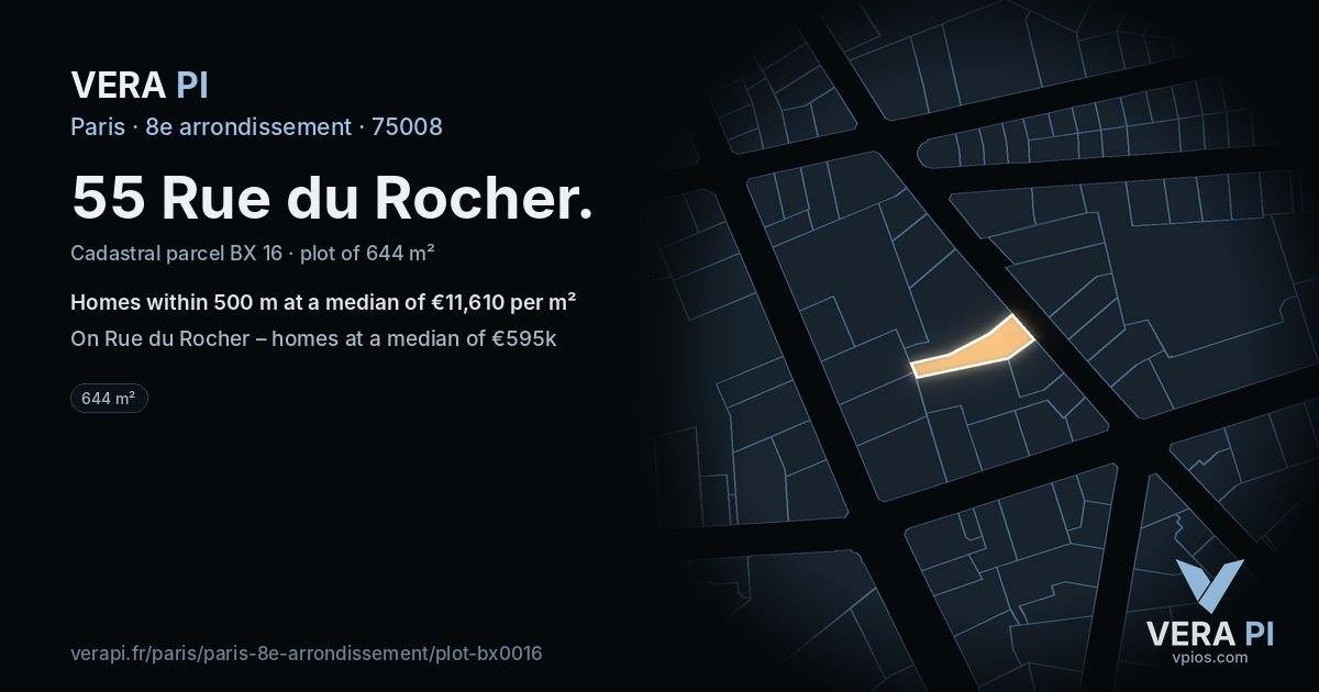 55 Rue du Rocher, 8e arrondissement at night – the plot lit, the parcels around coloured by the prices near them