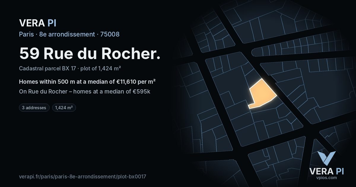 59 Rue du Rocher, 8e arrondissement at night – the plot lit, the parcels around coloured by the prices near them