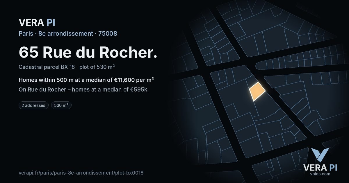65 Rue du Rocher, 8e arrondissement at night – the plot lit, the parcels around coloured by the prices near them