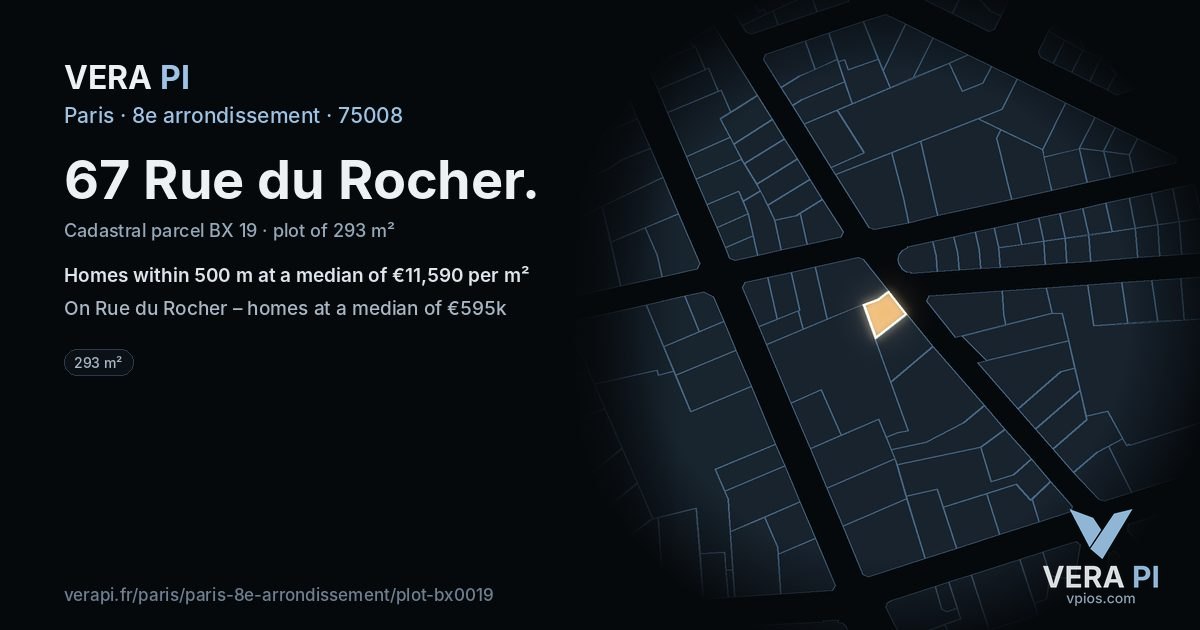 67 Rue du Rocher, 8e arrondissement at night – the plot lit, the parcels around coloured by the prices near them