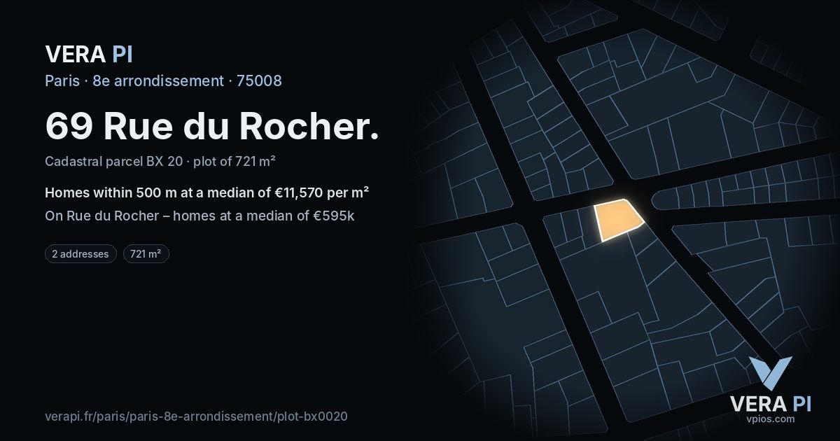 69 Rue du Rocher, 8e arrondissement at night – the plot lit, the parcels around coloured by the prices near them