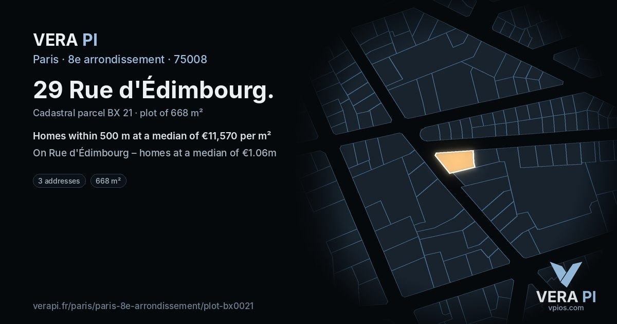 29 Rue d'Édimbourg, 8e arrondissement at night – the plot lit, the parcels around coloured by the prices near them