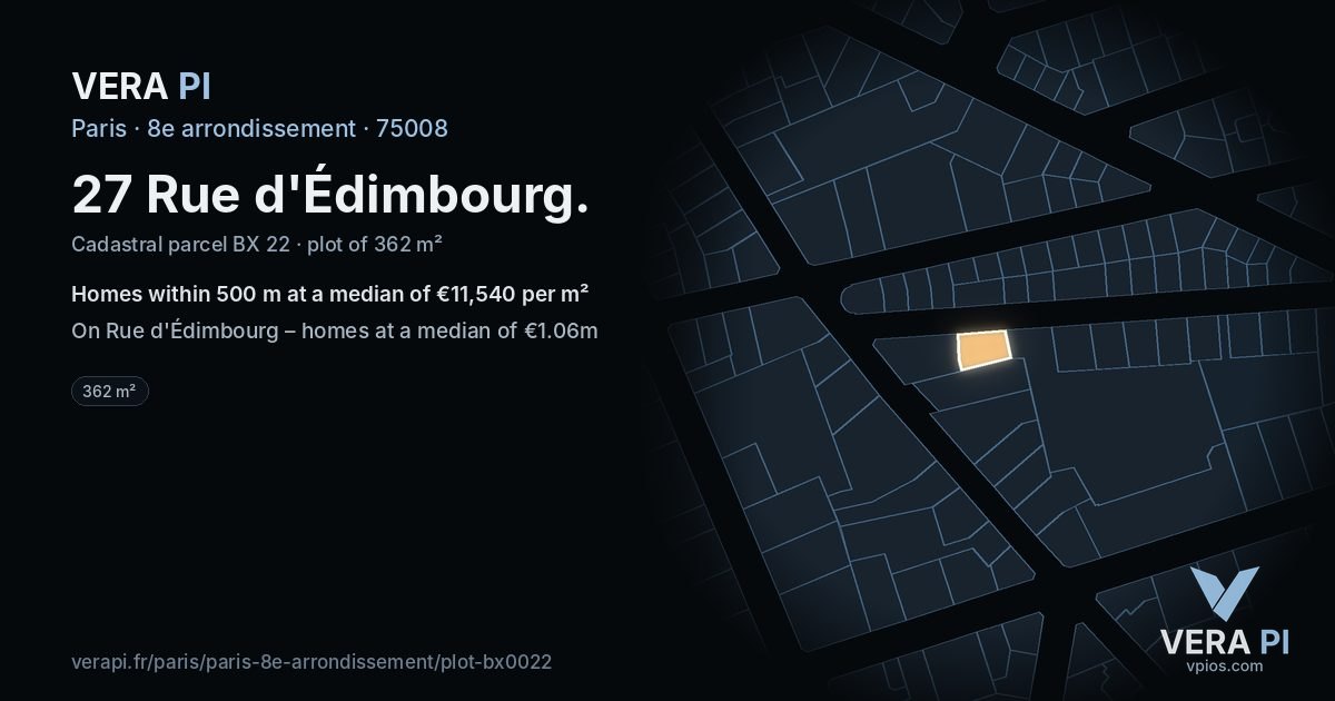 27 Rue d'Édimbourg, 8e arrondissement at night – the plot lit, the parcels around coloured by the prices near them