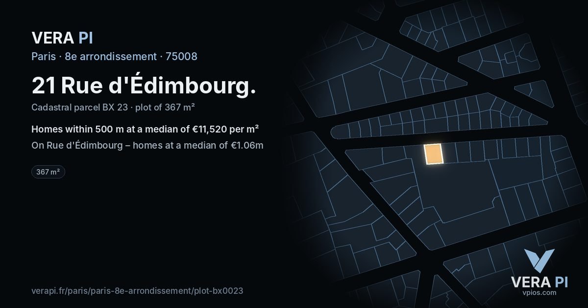 21 Rue d'Édimbourg, 8e arrondissement at night – the plot lit, the parcels around coloured by the prices near them