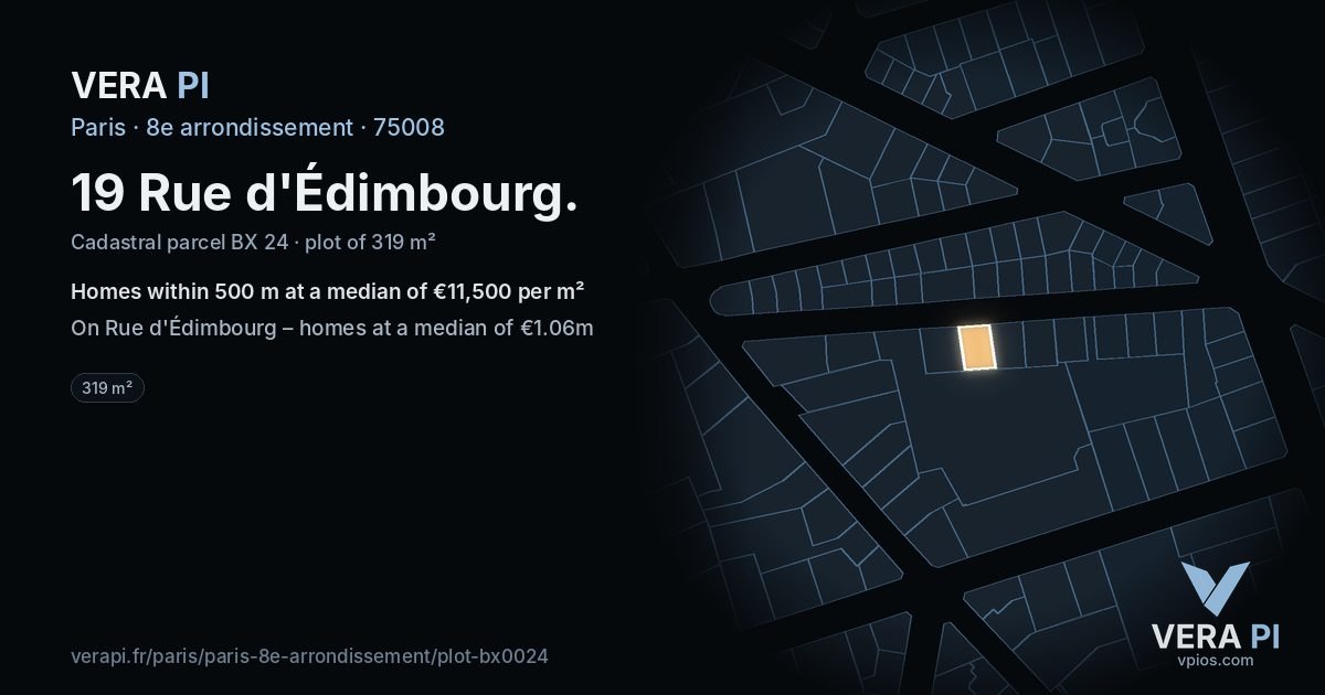 19 Rue d'Édimbourg, 8e arrondissement at night – the plot lit, the parcels around coloured by the prices near them