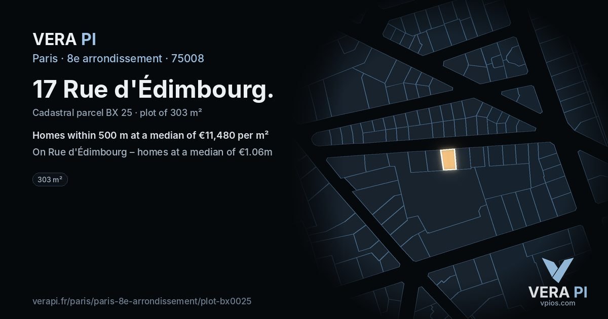 17 Rue d'Édimbourg, 8e arrondissement at night – the plot lit, the parcels around coloured by the prices near them