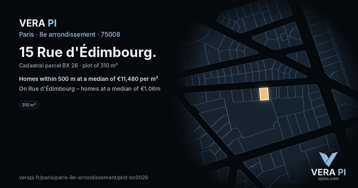 15 Rue d'Édimbourg, 8e arrondissement at night – the plot lit, the parcels around coloured by the prices near them