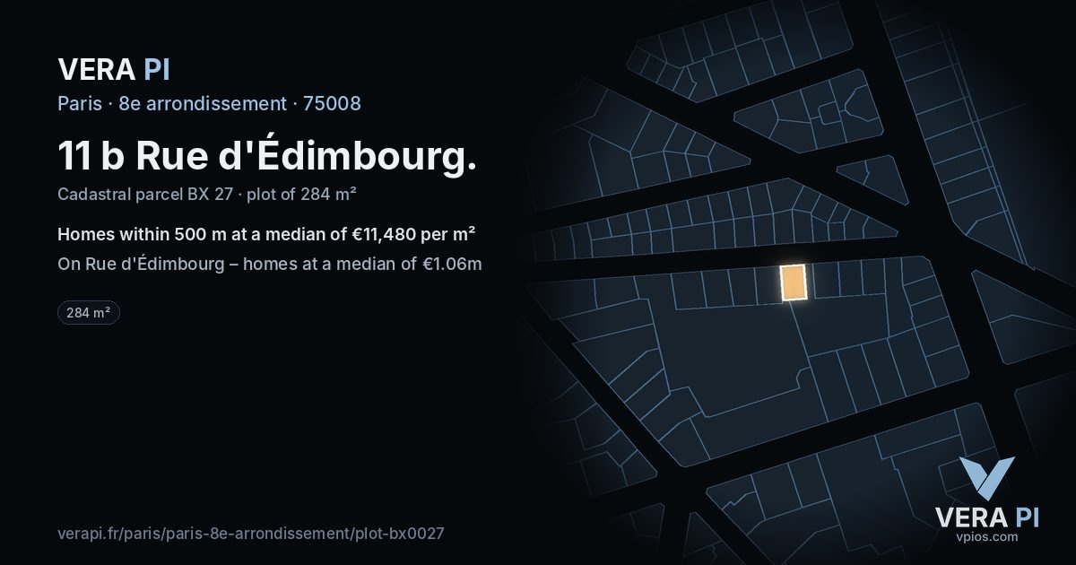 11 b Rue d'Édimbourg, 8e arrondissement at night – the plot lit, the parcels around coloured by the prices near them