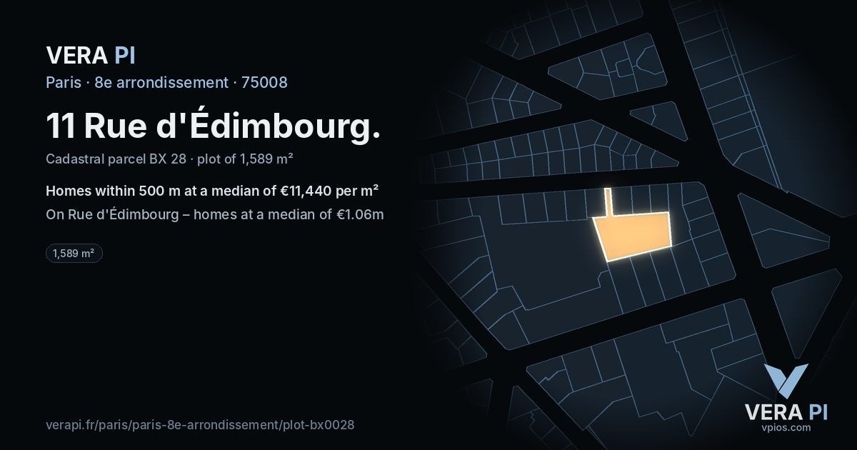 11 Rue d'Édimbourg, 8e arrondissement at night – the plot lit, the parcels around coloured by the prices near them