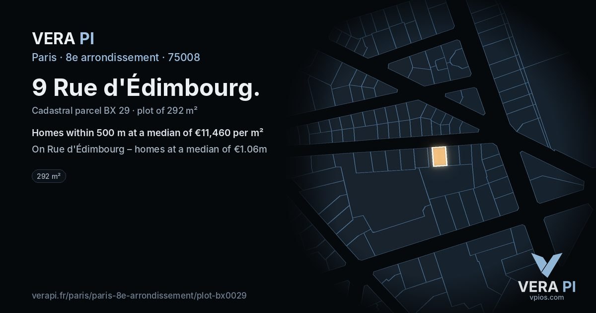 9 Rue d'Édimbourg, 8e arrondissement at night – the plot lit, the parcels around coloured by the prices near them