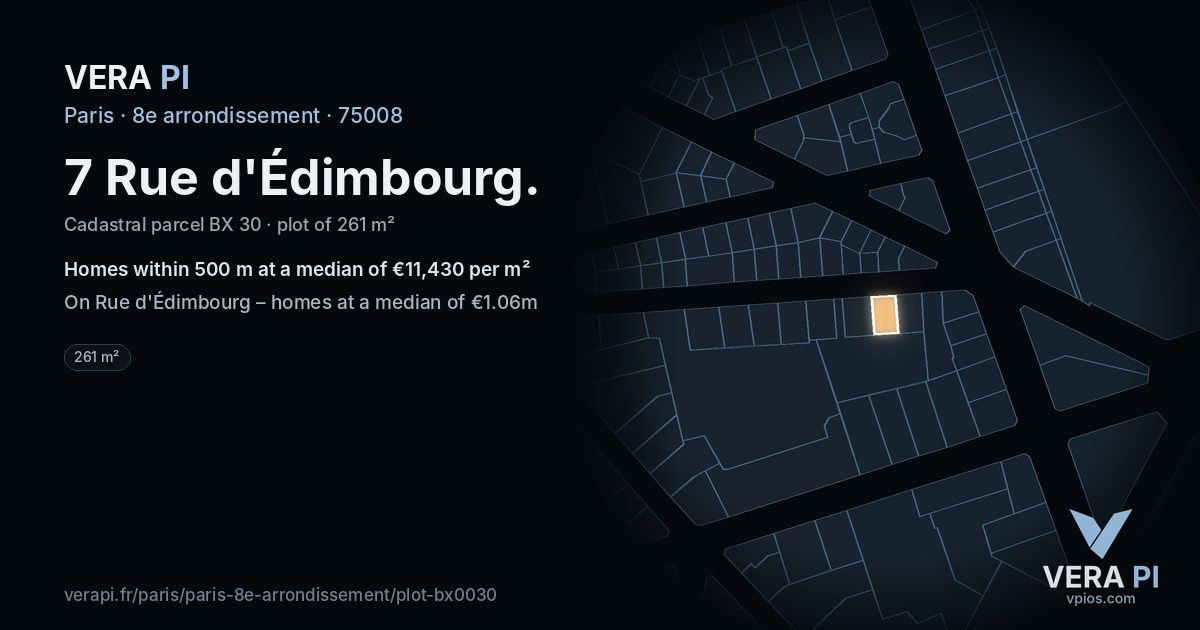 7 Rue d'Édimbourg, 8e arrondissement at night – the plot lit, the parcels around coloured by the prices near them
