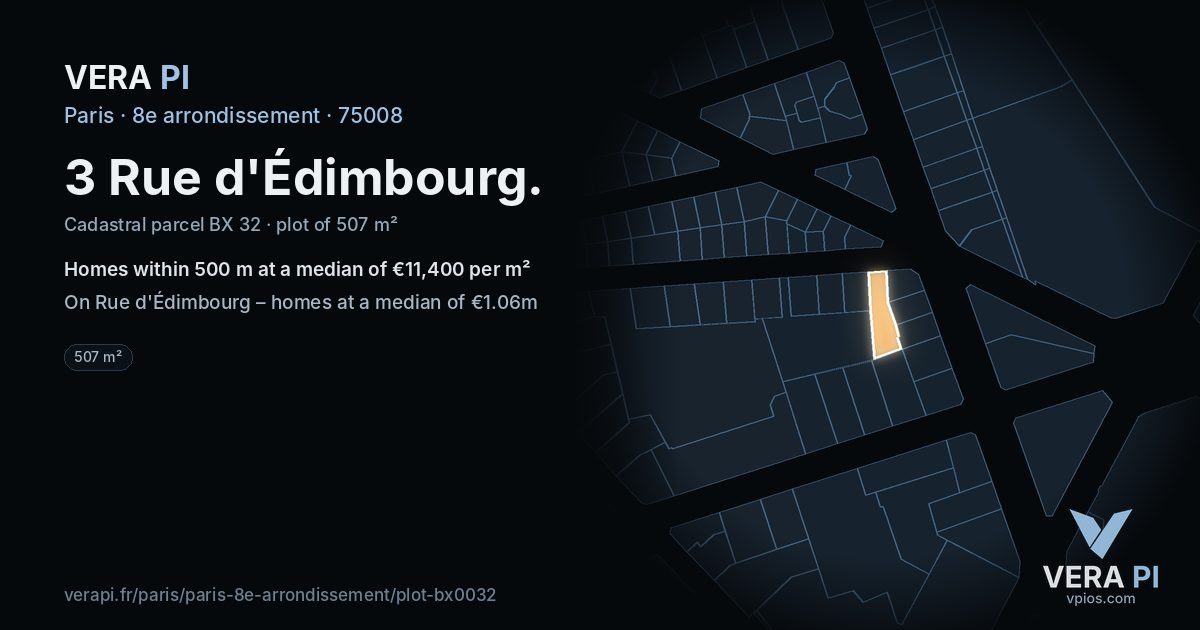 3 Rue d'Édimbourg, 8e arrondissement at night – the plot lit, the parcels around coloured by the prices near them