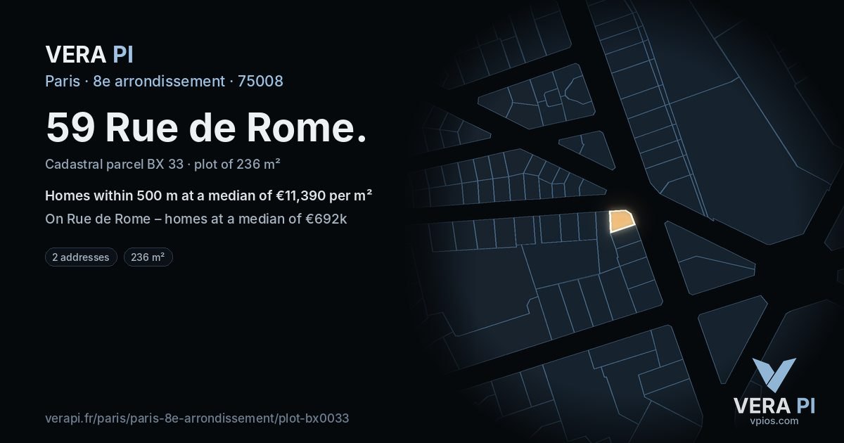 59 Rue de Rome, 8e arrondissement at night – the plot lit, the parcels around coloured by the prices near them