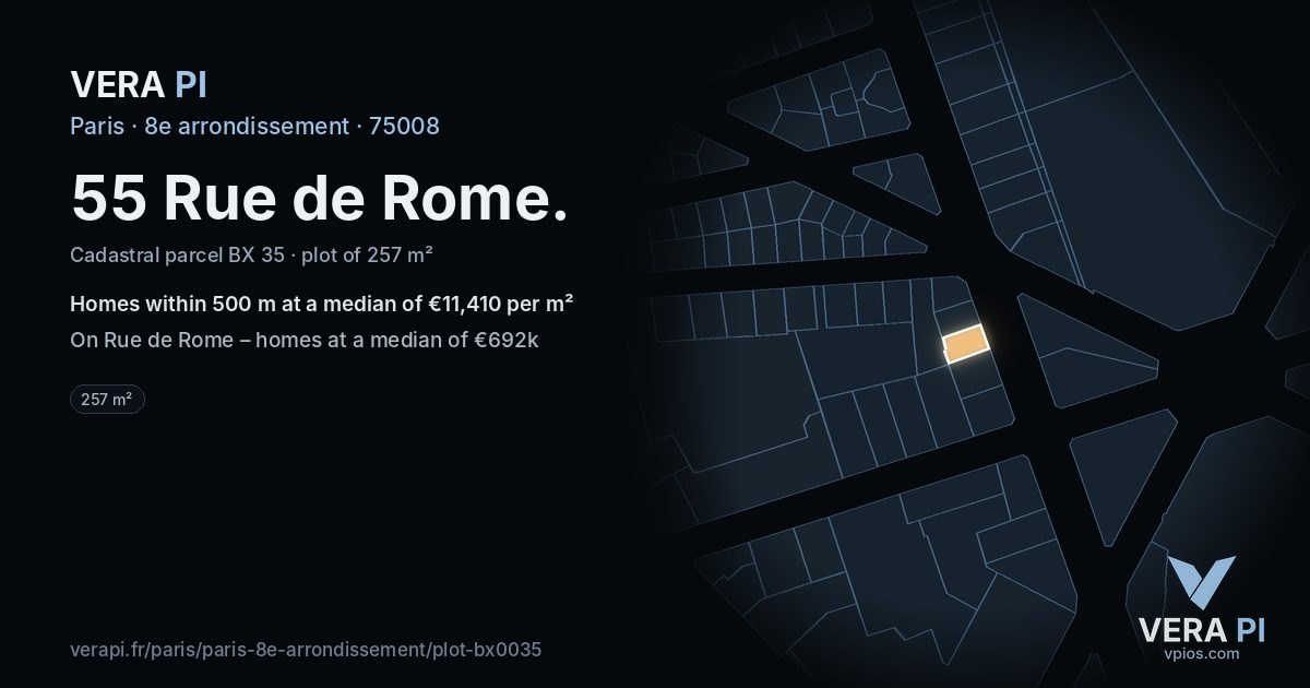 55 Rue de Rome, 8e arrondissement at night – the plot lit, the parcels around coloured by the prices near them
