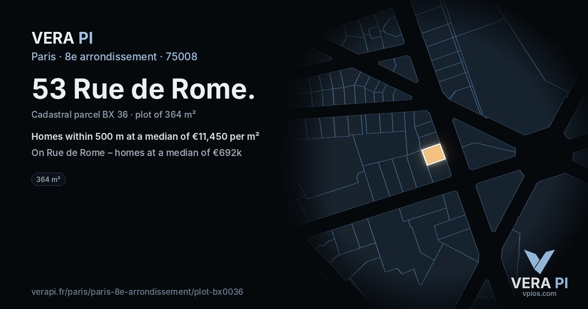 53 Rue de Rome, 8e arrondissement at night – the plot lit, the parcels around coloured by the prices near them