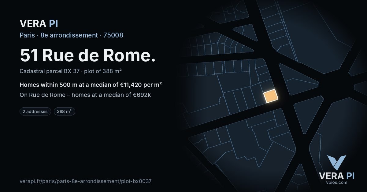 51 Rue de Rome, 8e arrondissement at night – the plot lit, the parcels around coloured by the prices near them