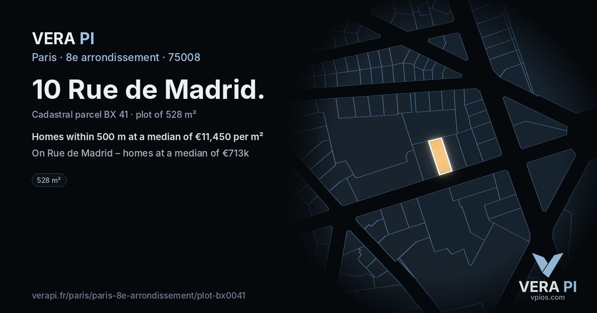 10 Rue de Madrid, 8e arrondissement at night – the plot lit, the parcels around coloured by the prices near them