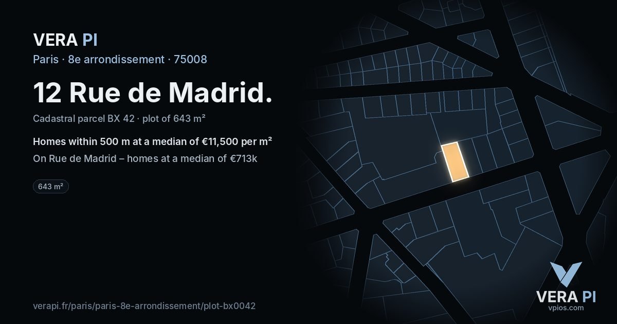 12 Rue de Madrid, 8e arrondissement at night – the plot lit, the parcels around coloured by the prices near them