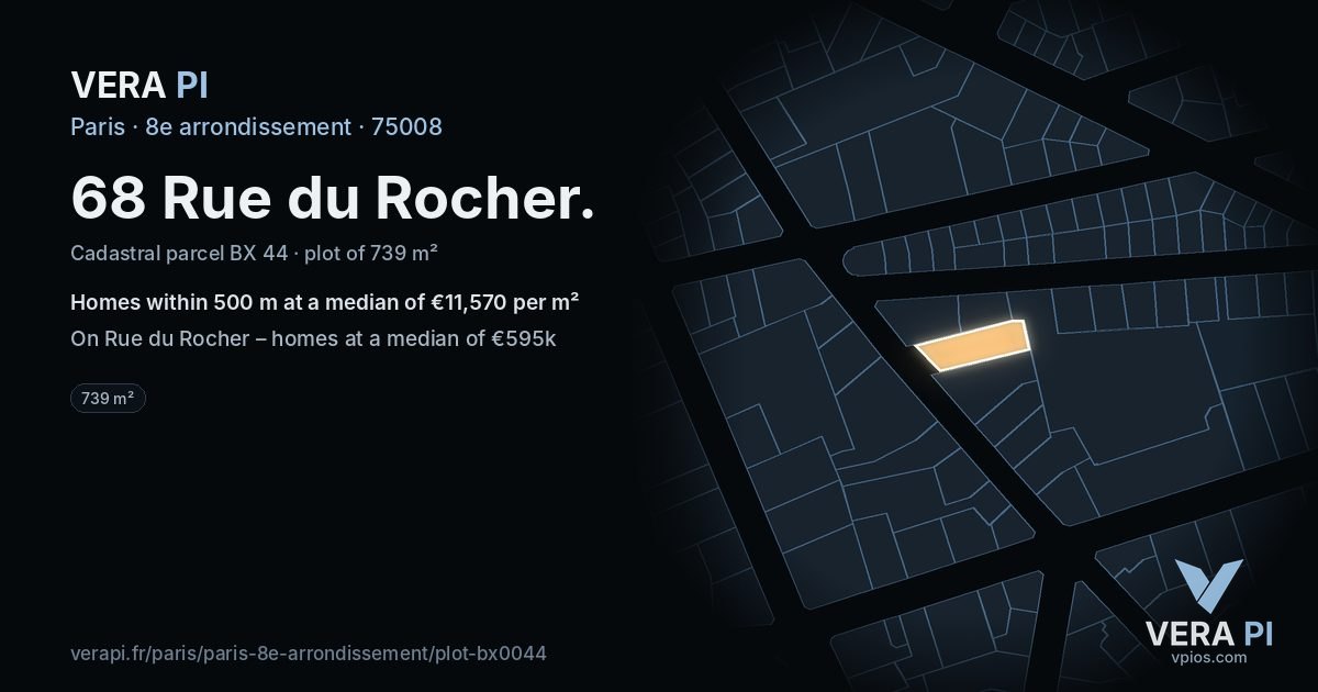 68 Rue du Rocher, 8e arrondissement at night – the plot lit, the parcels around coloured by the prices near them