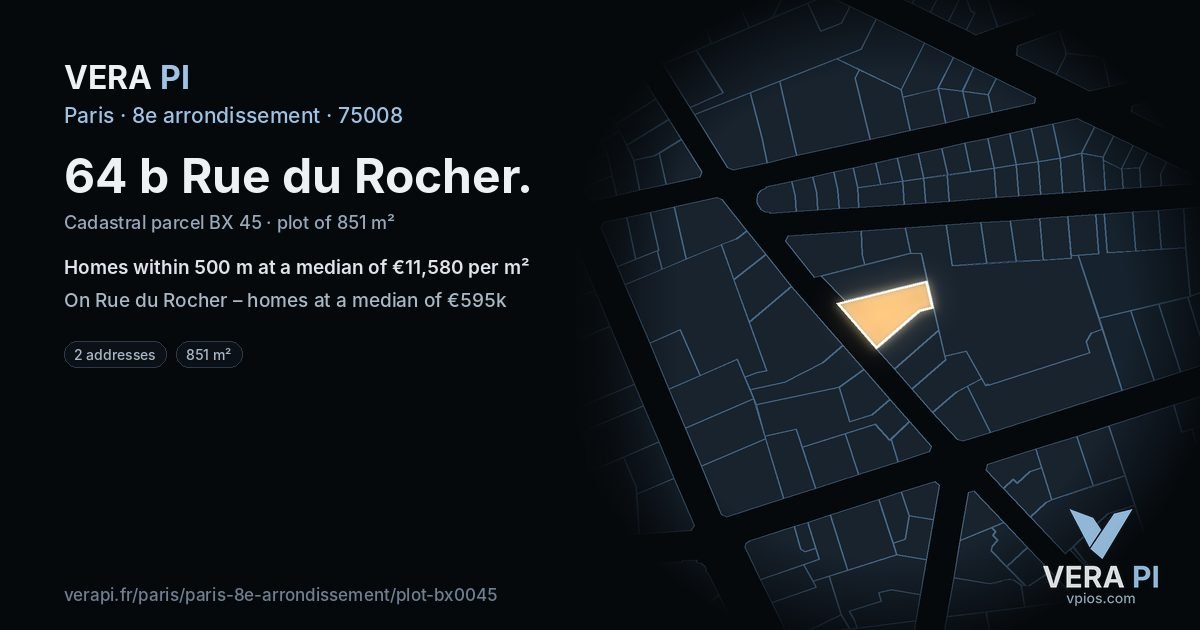 64 b Rue du Rocher, 8e arrondissement at night – the plot lit, the parcels around coloured by the prices near them
