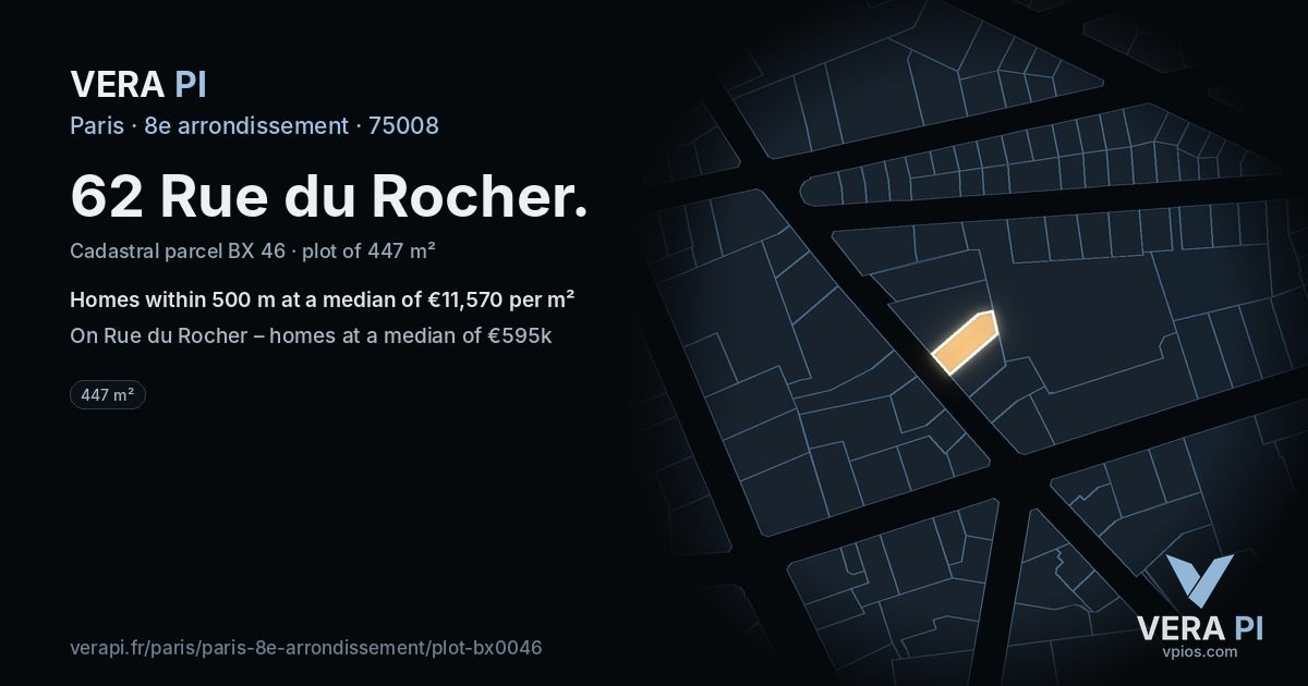 62 Rue du Rocher, 8e arrondissement at night – the plot lit, the parcels around coloured by the prices near them