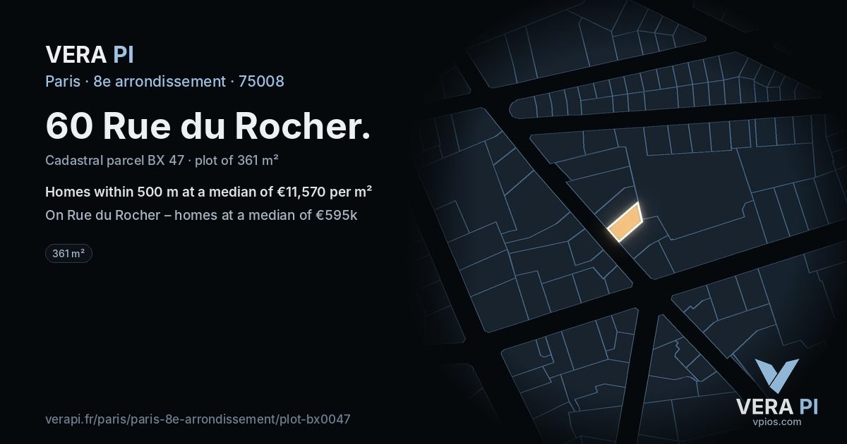 60 Rue du Rocher, 8e arrondissement at night – the plot lit, the parcels around coloured by the prices near them