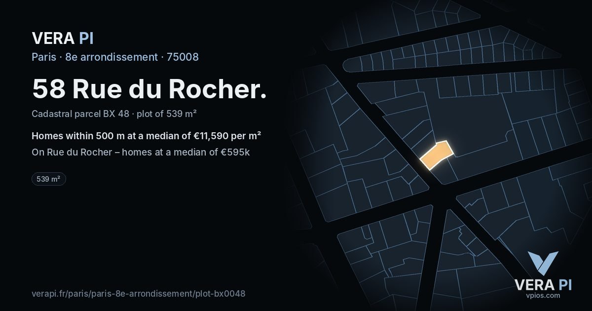 58 Rue du Rocher, 8e arrondissement at night – the plot lit, the parcels around coloured by the prices near them