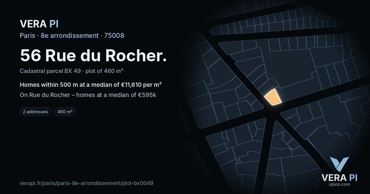 56 Rue du Rocher, 8e arrondissement at night – the plot lit, the parcels around coloured by the prices near them