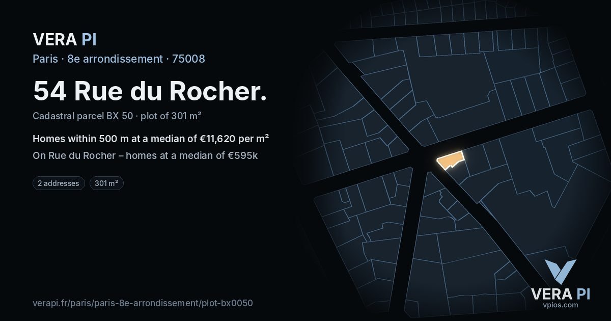 54 Rue du Rocher, 8e arrondissement at night – the plot lit, the parcels around coloured by the prices near them