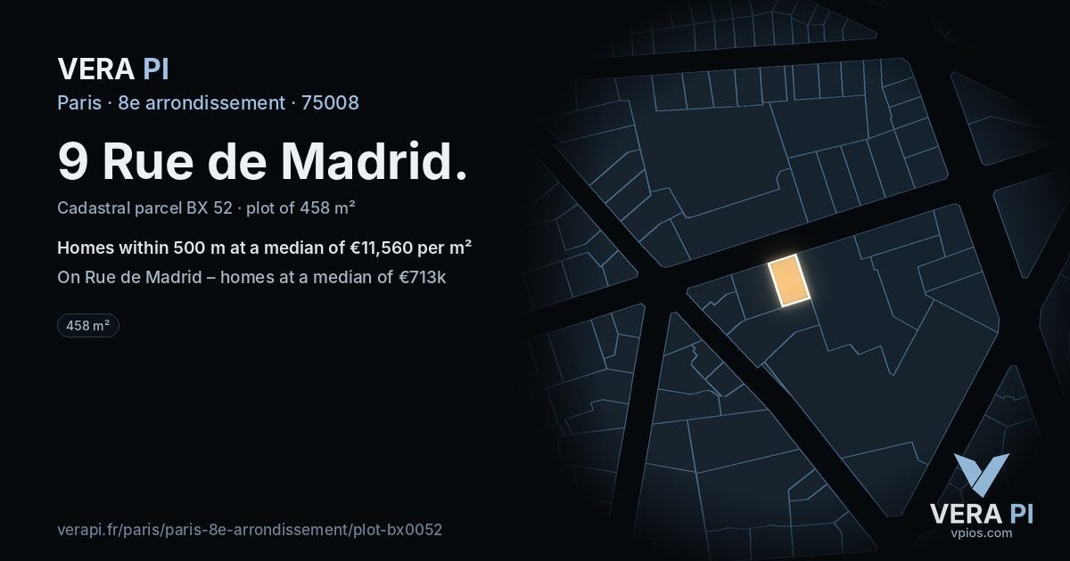 9 Rue de Madrid, 8e arrondissement at night – the plot lit, the parcels around coloured by the prices near them