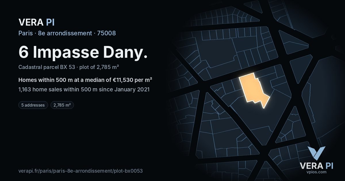 6 Impasse Dany, 8e arrondissement at night – the plot lit, the parcels around coloured by the prices near them