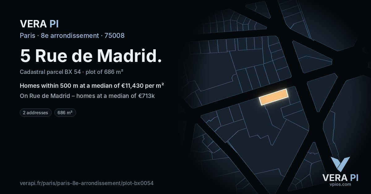 5 Rue de Madrid, 8e arrondissement at night – the plot lit, the parcels around coloured by the prices near them