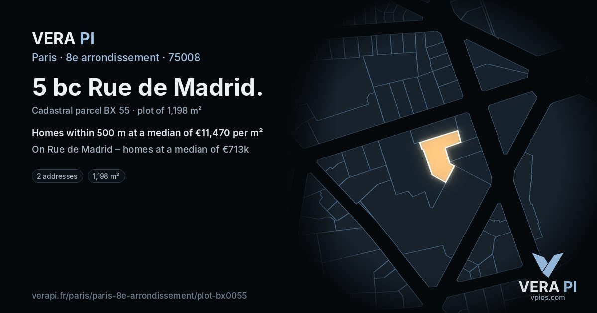 5 bc Rue de Madrid, 8e arrondissement at night – the plot lit, the parcels around coloured by the prices near them