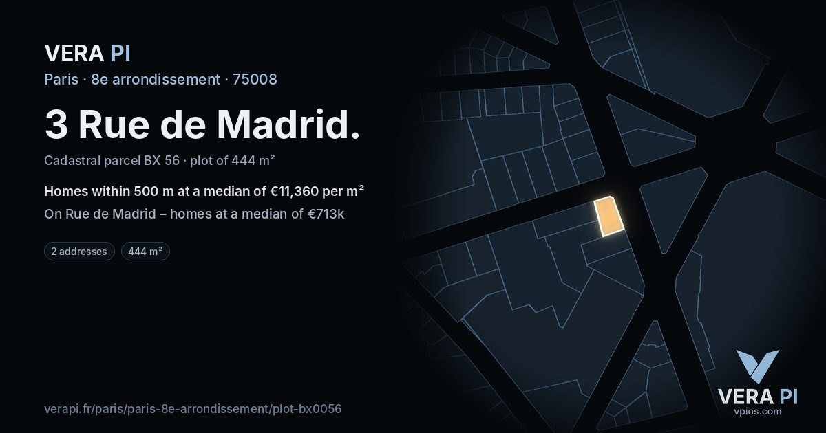 3 Rue de Madrid, 8e arrondissement at night – the plot lit, the parcels around coloured by the prices near them