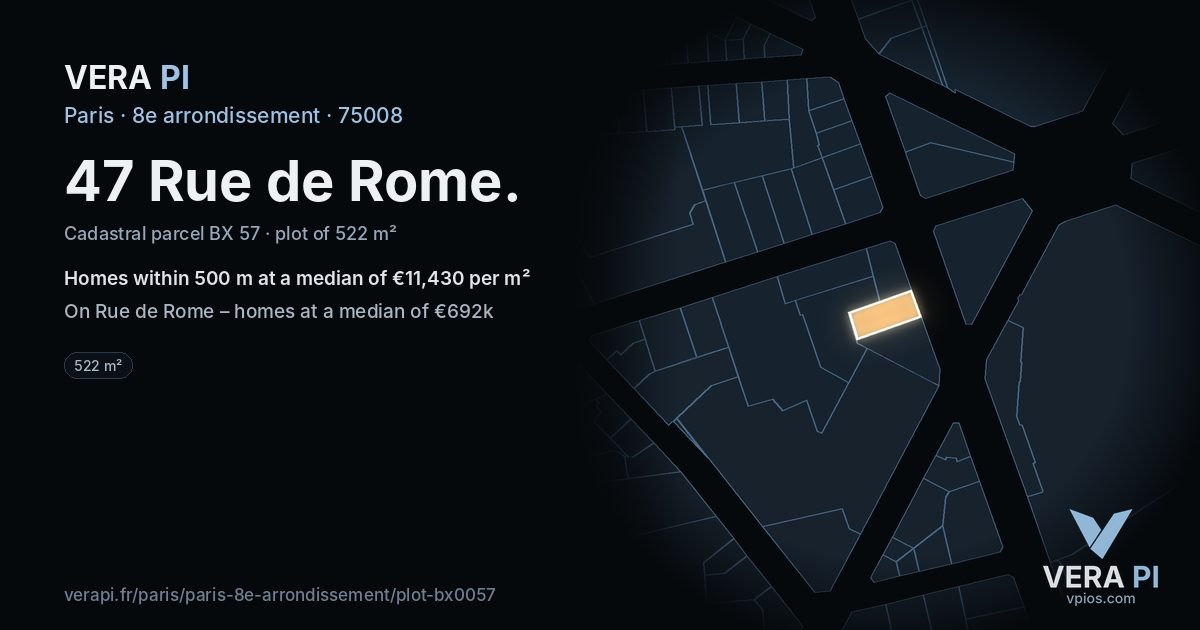 47 Rue de Rome, 8e arrondissement at night – the plot lit, the parcels around coloured by the prices near them