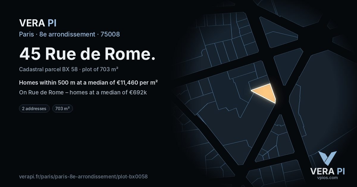 45 Rue de Rome, 8e arrondissement at night – the plot lit, the parcels around coloured by the prices near them
